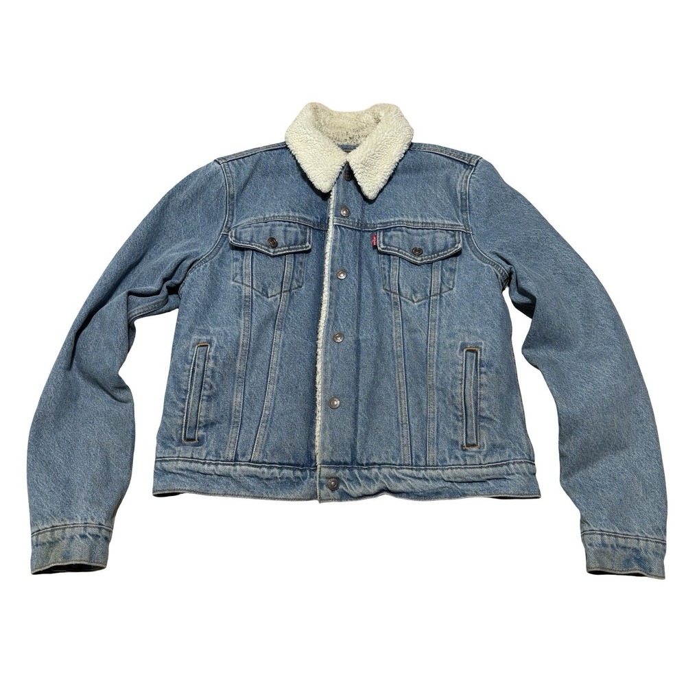 Levi's Women's Fleece Sherpa Lined Denim Trucker Jacket Cropped Medium 19 x 23
